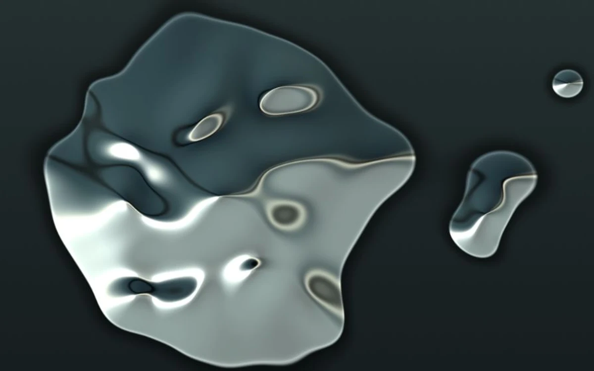 A reflective silver pool and two separated drops in Alloy