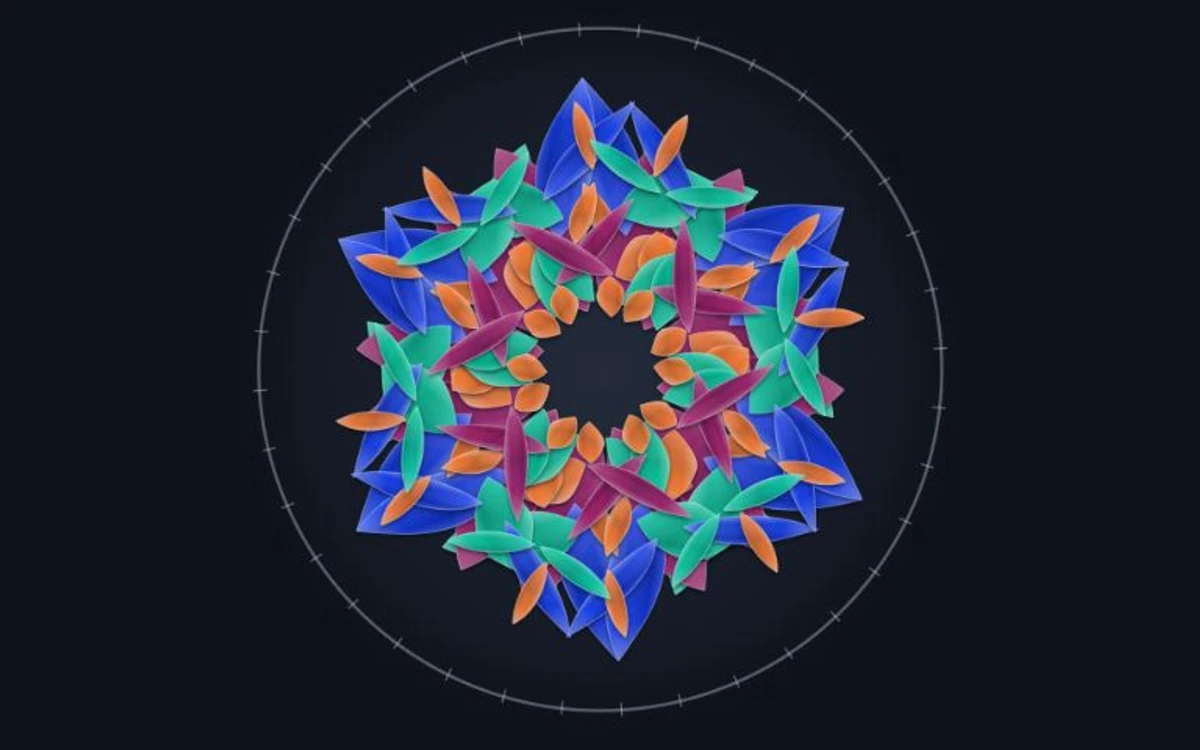 Teal, cobalt, rose, and amber forms overlapping in a layered Kaleido pattern
