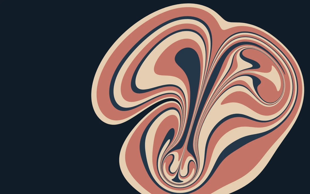 Cream, coral, and ink-blue paint stretched into nested swirls in Marble