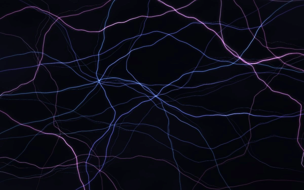 Fine blue and thicker violet electrical filaments crossing a dark, misty field in Plasma