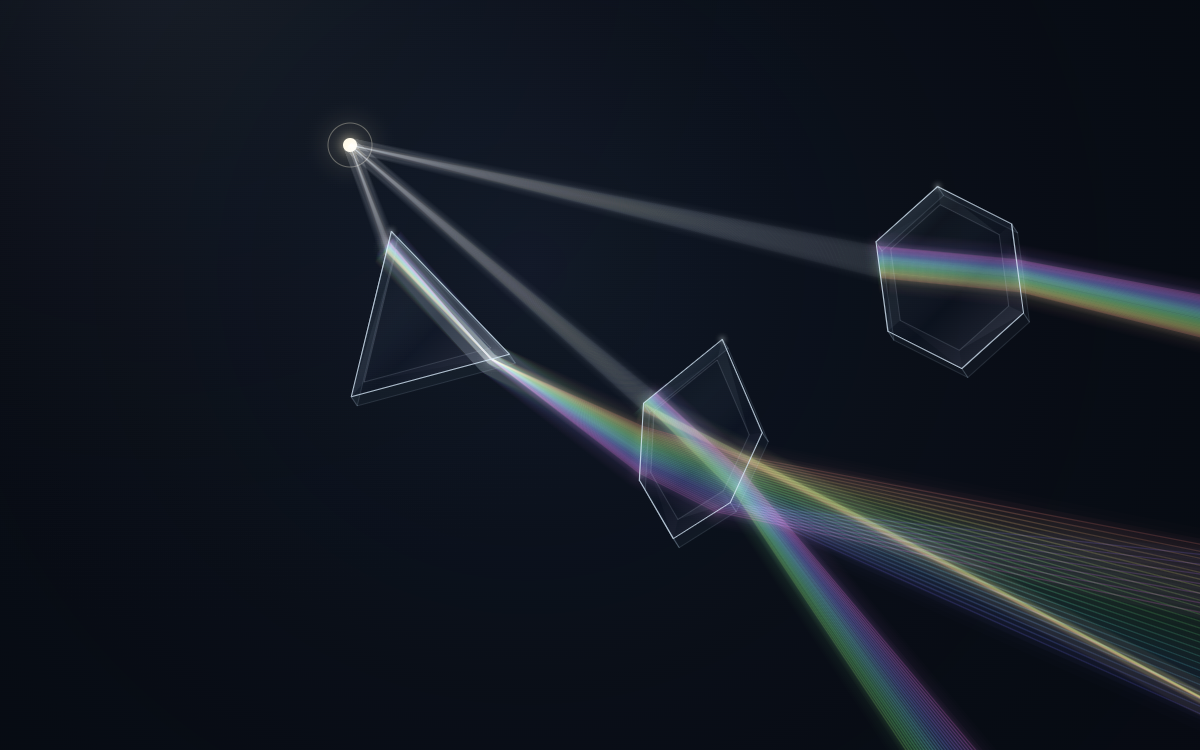 Three floating glass crystals redirecting light from one shared source in Prism