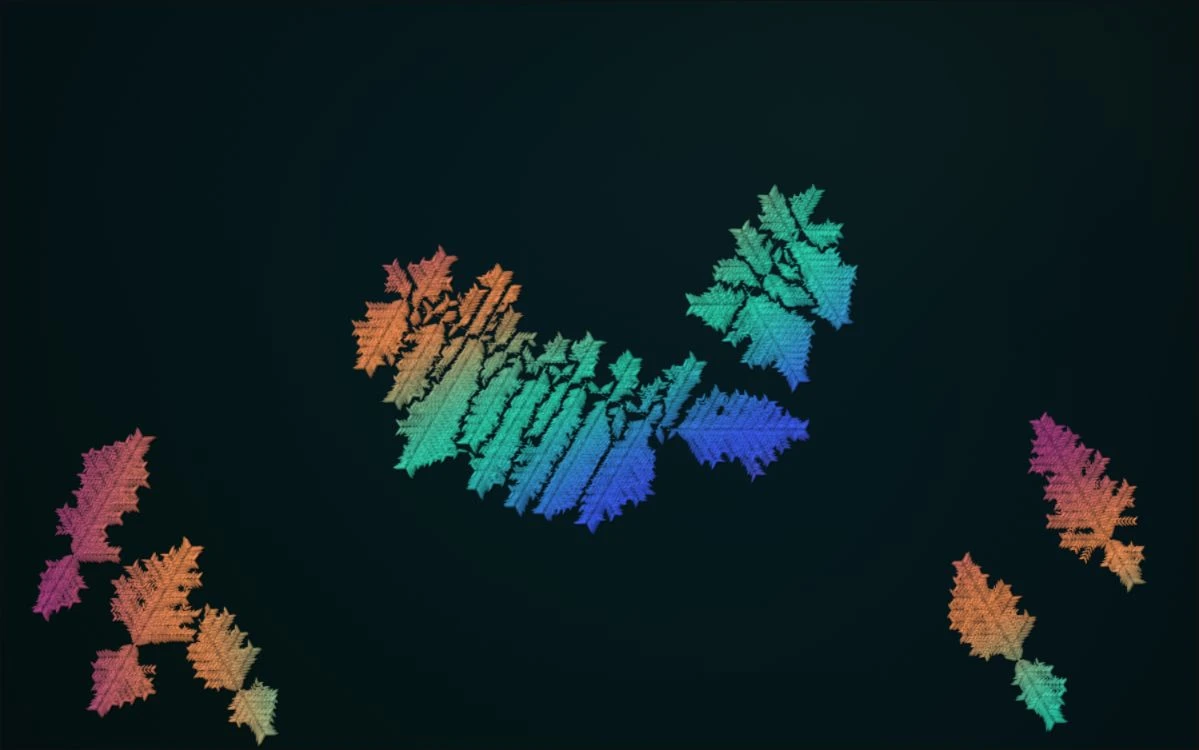Fine multicolored frost branching across dark glass in Rime