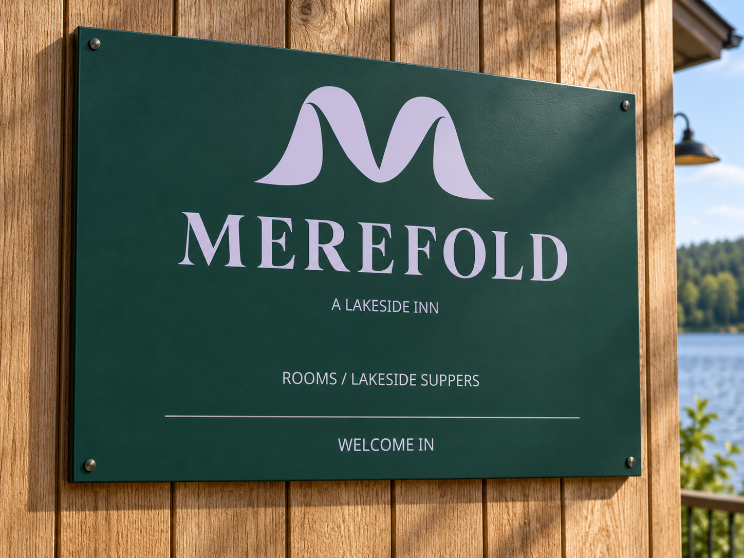 AI-generated visualization: Merefold painted-metal entrance sign on timber beside the lake.