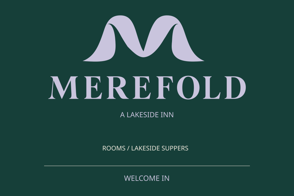 Merefold entrance-sign concept showing the ribbon mark and wordmark on a pine background.