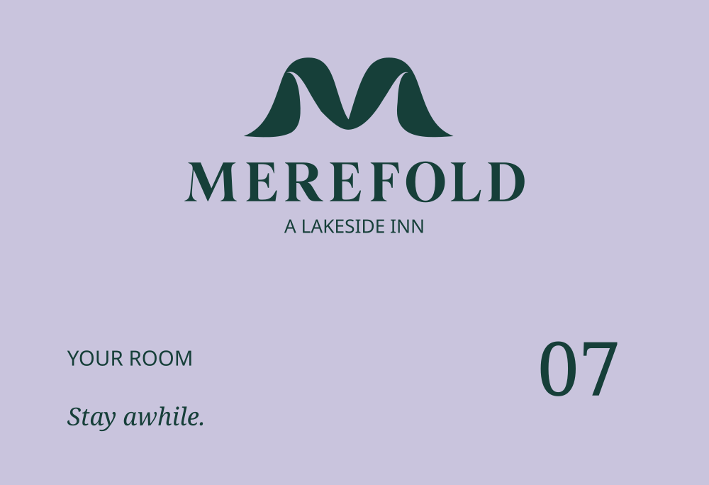 Merefold room-key wallet face with restrained identity and room information.