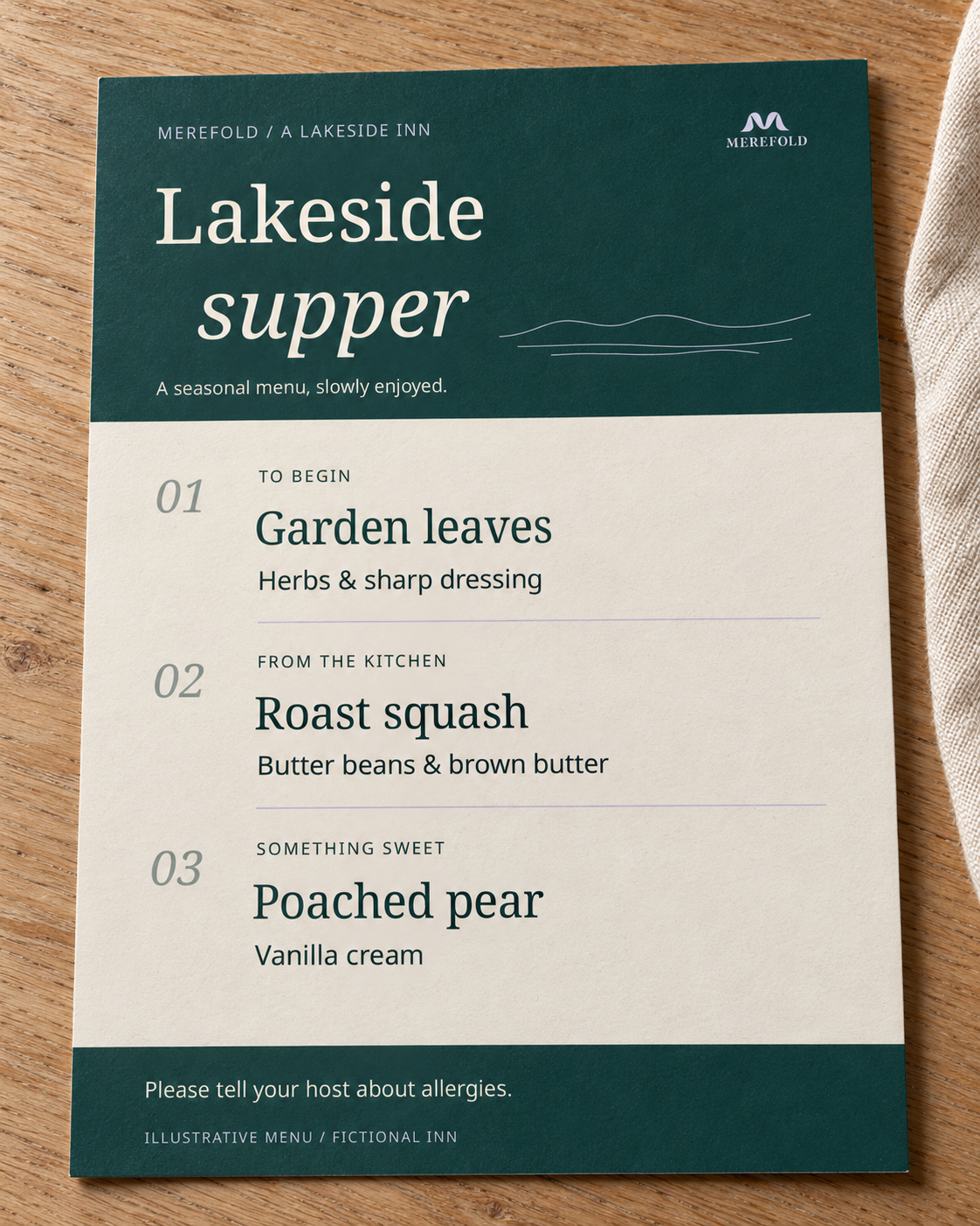 AI-generated visualization: Merefold Lakeside supper menu printed on textured card, resting on wood.