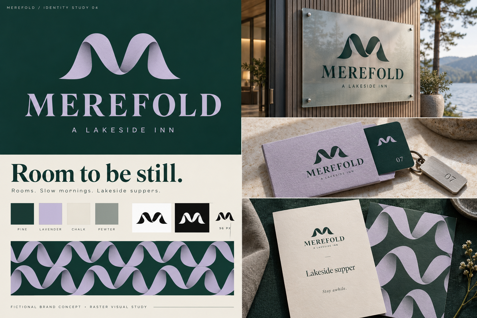 Merefold entrance sign with ribbon mark and wordmark mounted on timber beside a lake