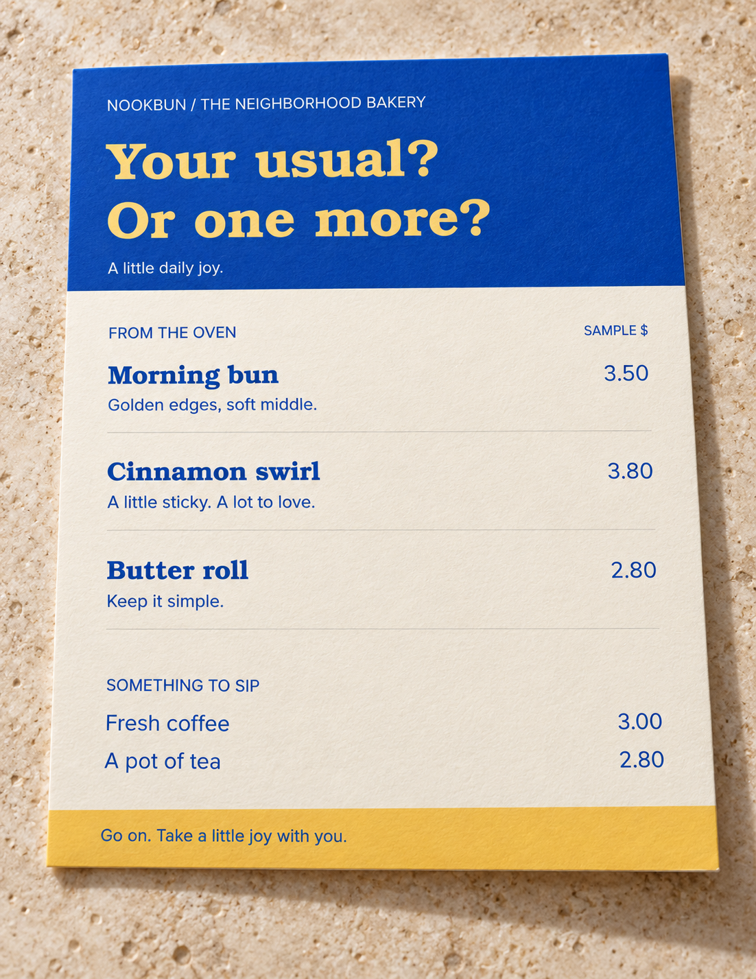 AI-generated visualization: Printed menu card with readable bakery items and prices.