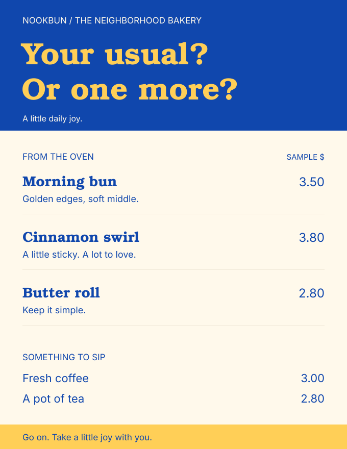 Sample Nookbun menu for morning buns, cinnamon swirls and coffee, in cobalt, cream and butter.