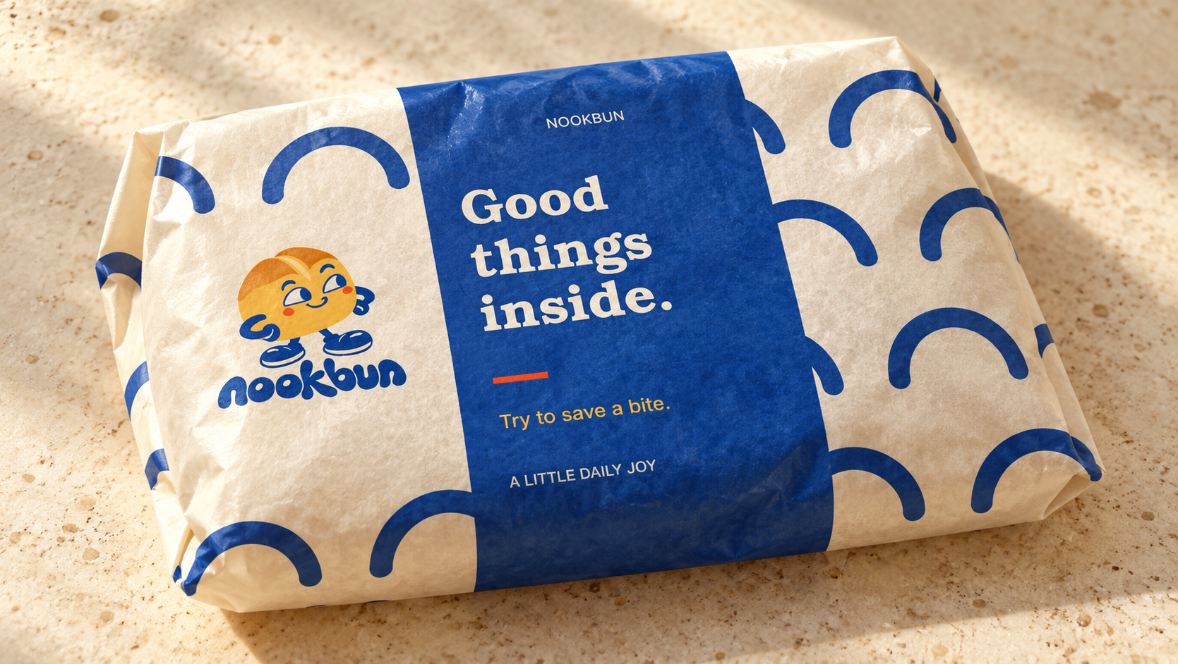 AI-generated visualization: Nookbun greaseproof wrapper with cobalt arches and warm bakery packaging.