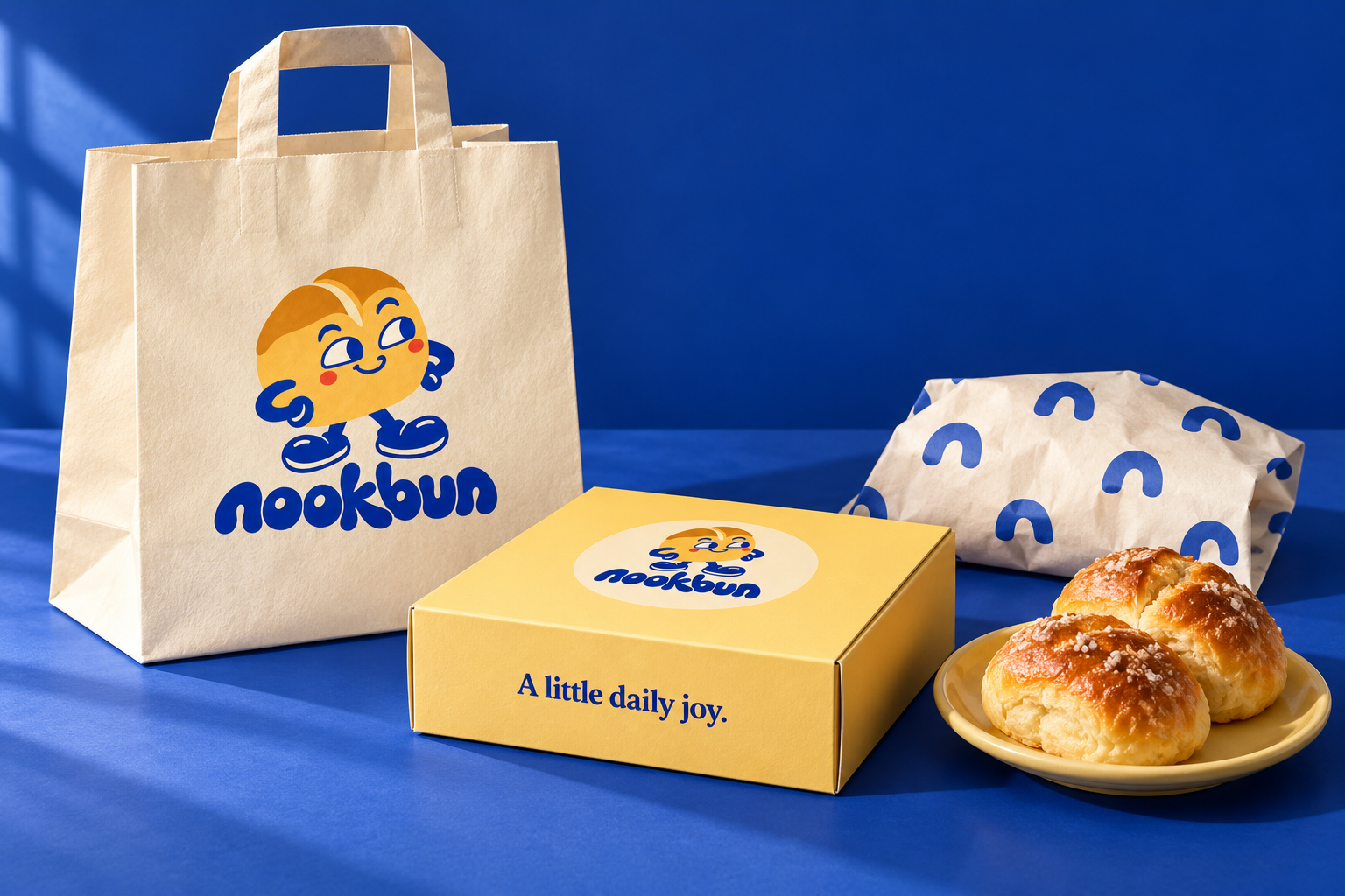 Nookbun bakery packaging with its bun mascot, yellow pastry box and cobalt setting