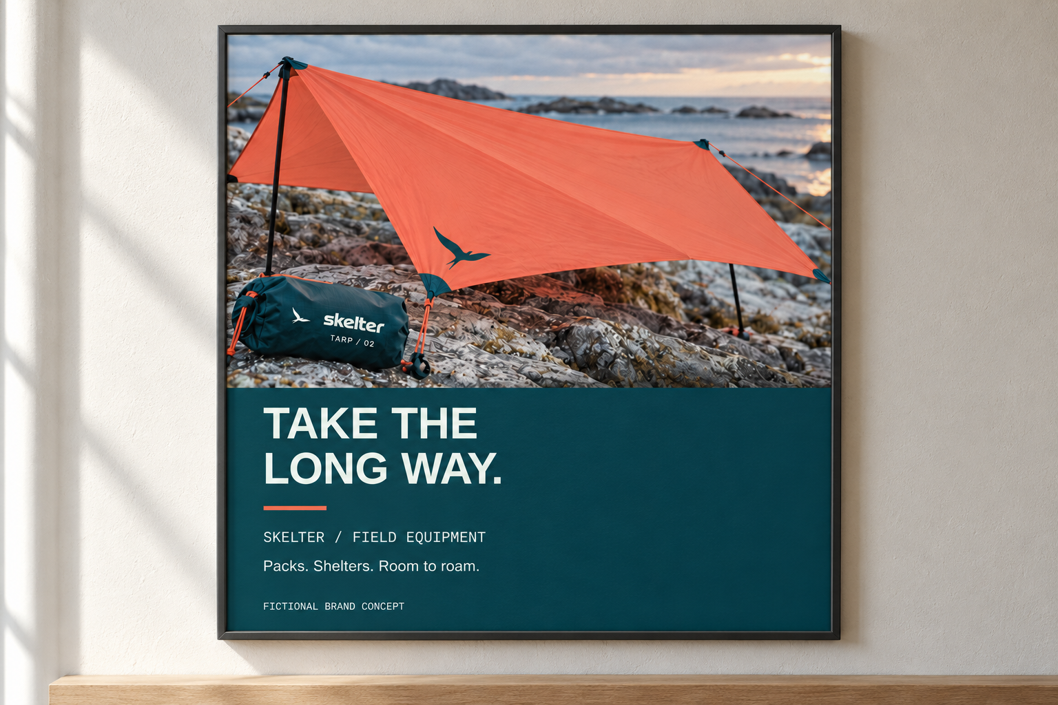 AI-generated visualization: Framed Skelter Take the long way campaign, with the bag branded skelter and TARP / 02.