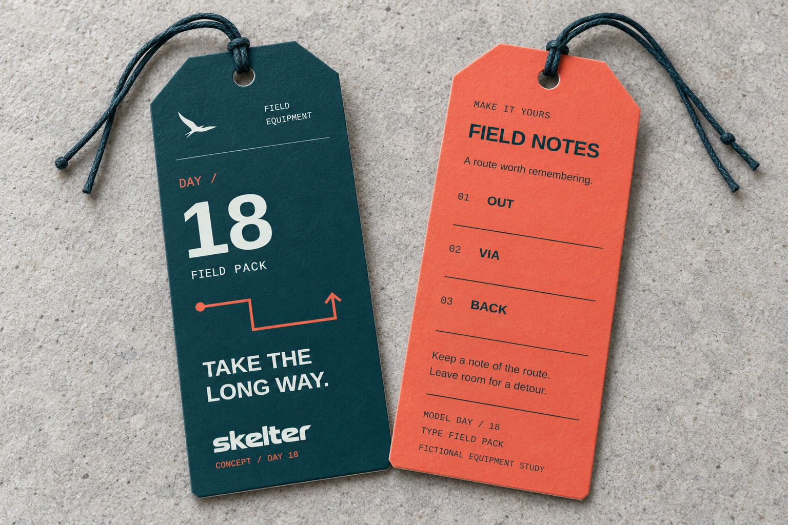 AI-generated material visualization of the petrol and coral Skelter tags on pale stone, showing matte card, clean cut edges, punched holes, petrol cords and natural shadows.