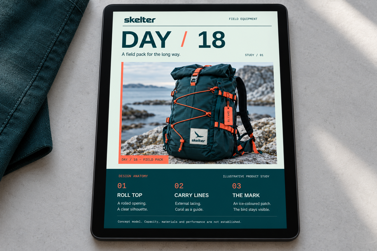 AI-generated visualization: Skelter DAY / 18 product sheet shown on a tablet screen on a work surface.