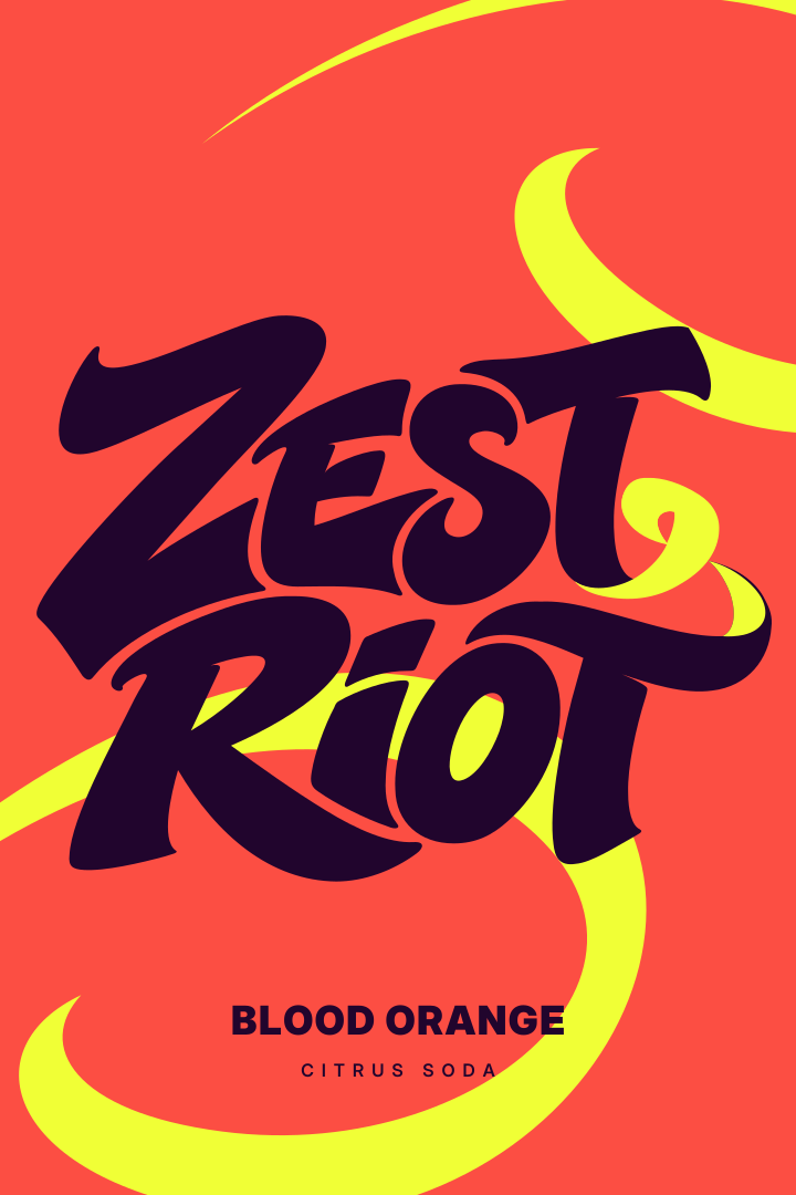 Zest Riot Blood Orange front-label concept with plum lettering on coral and yellow ribbons.