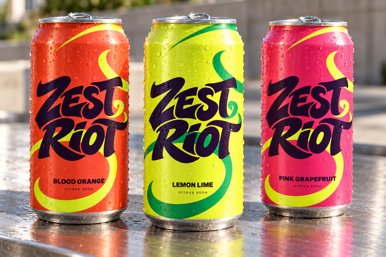 Zest Riot citrus soda can family in blood orange, lemon lime and pink grapefruit