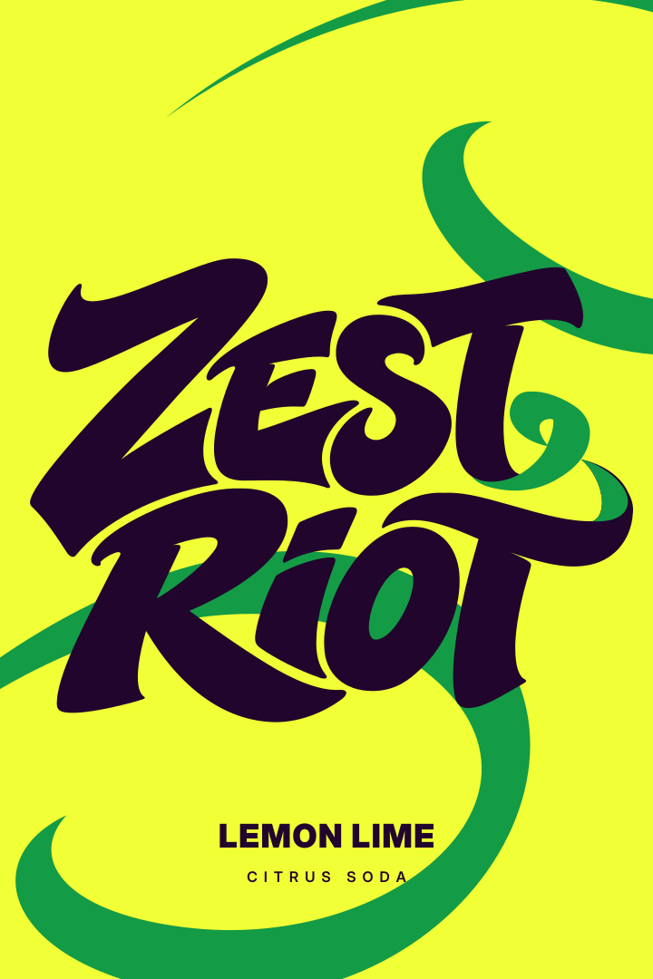 Zest Riot Lemon Lime front-label concept with plum lettering on citron and green ribbons.