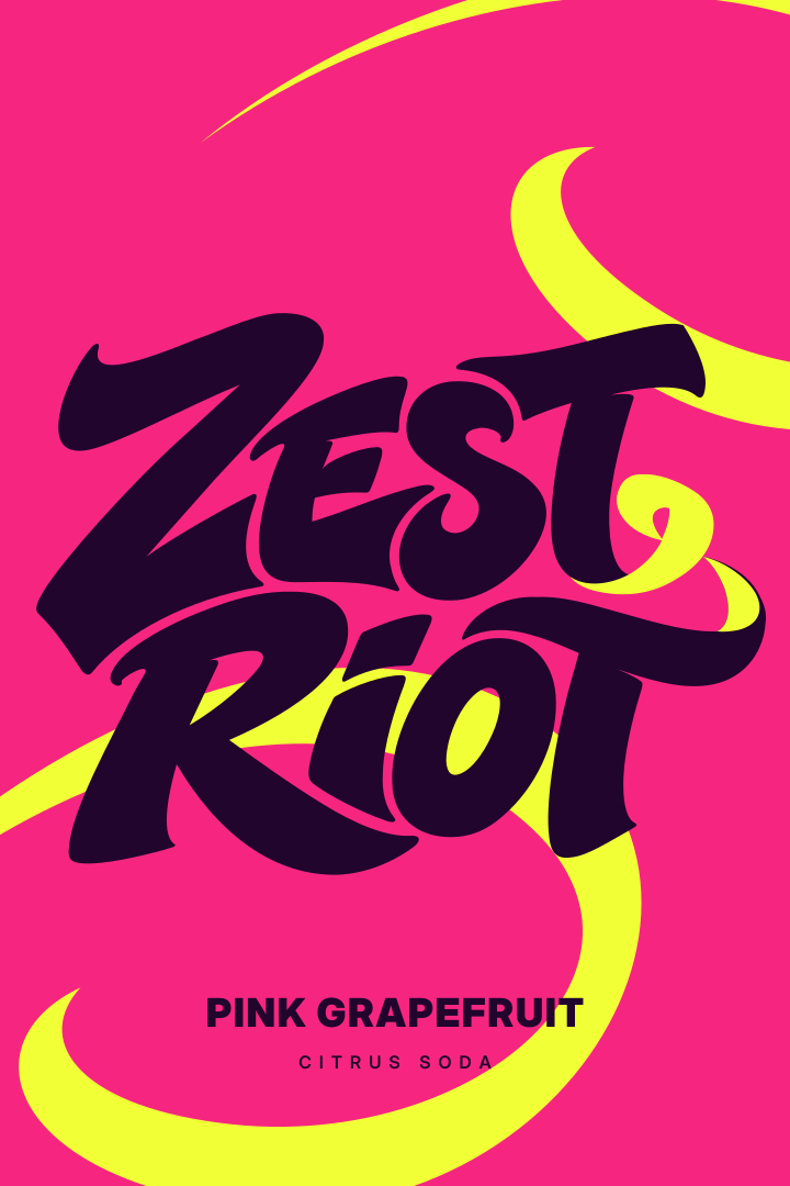 Zest Riot Pink Grapefruit front-label concept with plum lettering on pink and yellow ribbons.