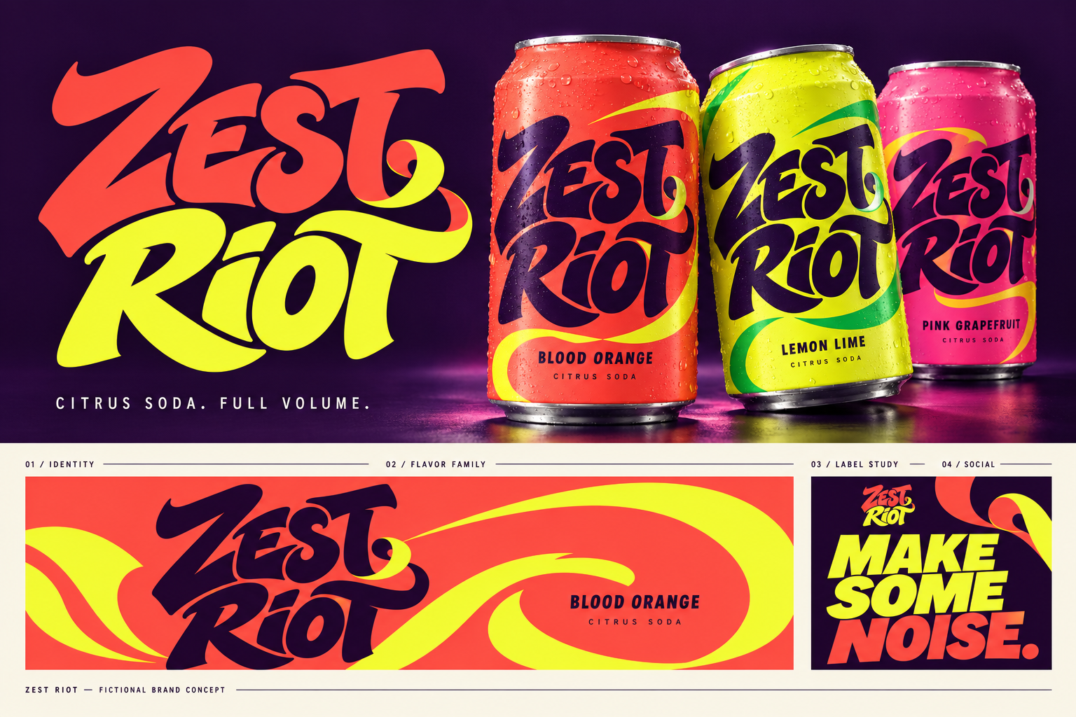 Original illustrative Zest Riot can trio: condensation-covered Blood Orange, Lemon Lime and Pink Grapefruit cans.