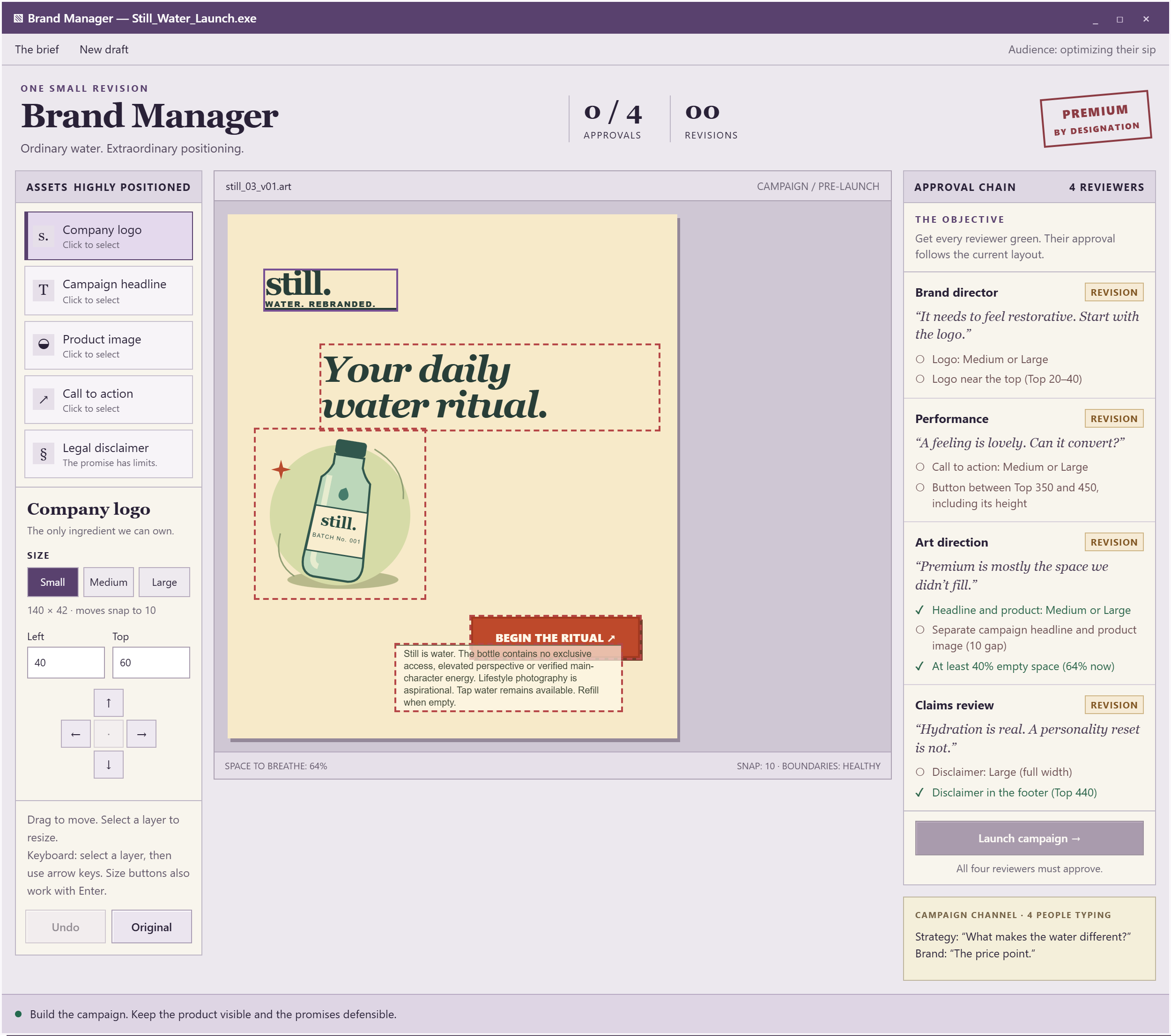 Brand Manager poster editor with a Still water campaign and four live reviewer checklists