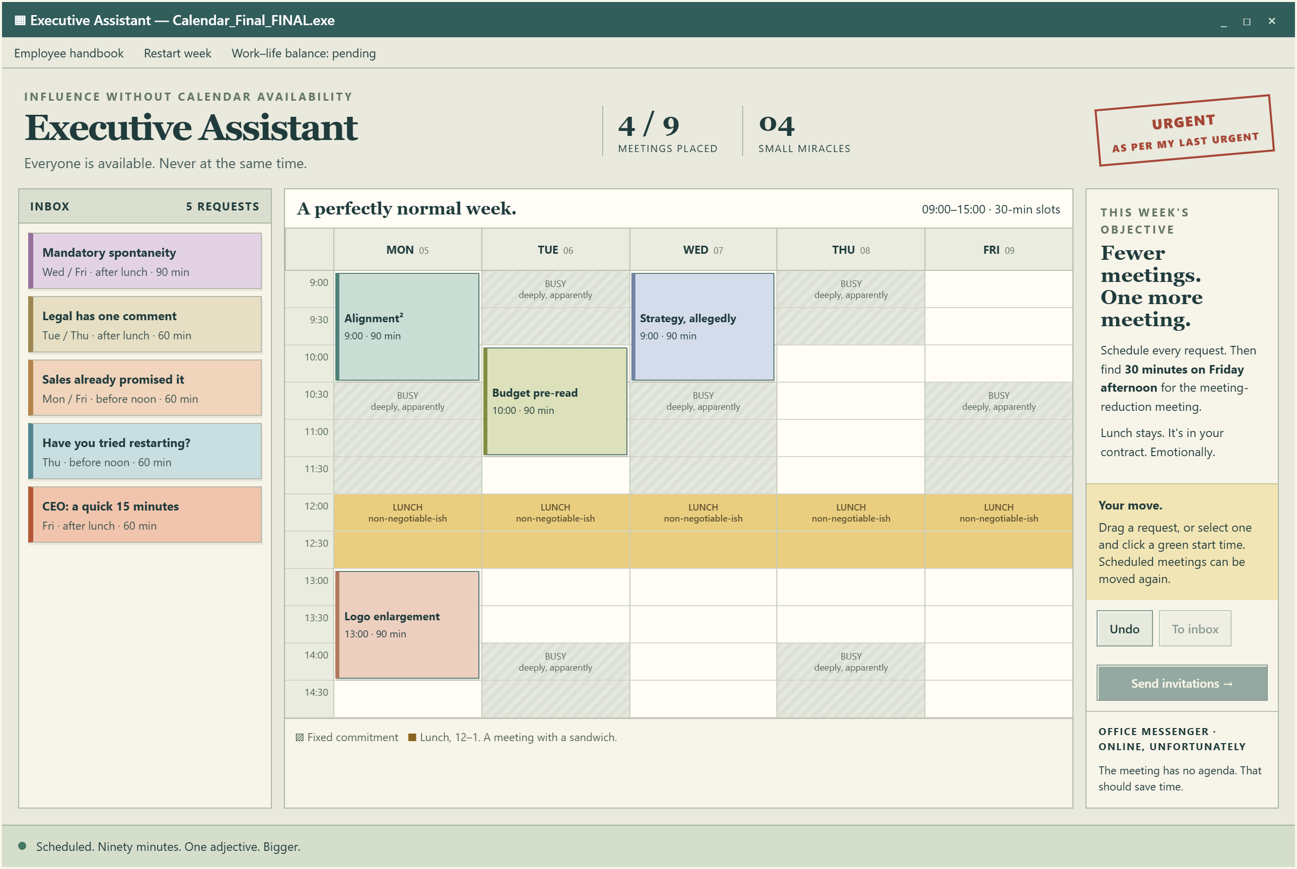Executive Assistant calendar puzzle with pastel meeting blocks, protected lunches, and a full inbox