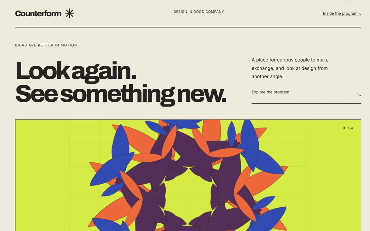 Counterform fictional cultural program with bold type and a colorful mirrored poster