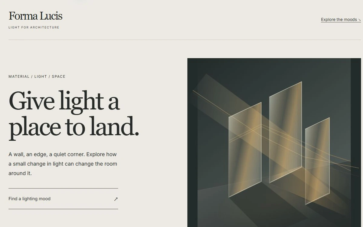 Forma Lucis fictional lighting page with illuminated glass panels