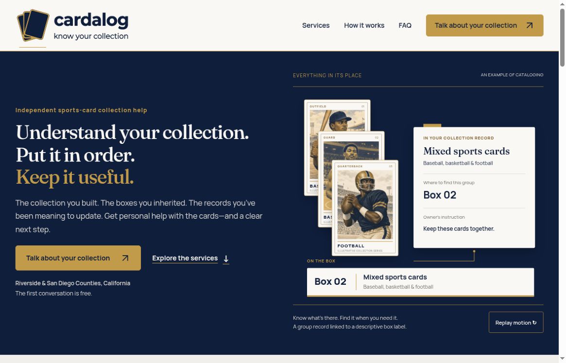 Cardalog website with its warm-paper header and navy collection hero