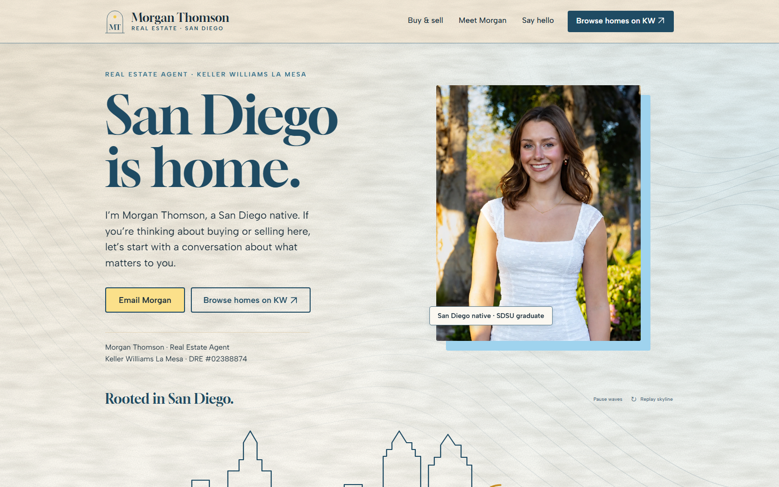 Morgan Thomson real estate website with San Diego is home headline, portrait and working browse-homes arrows; desktop capture