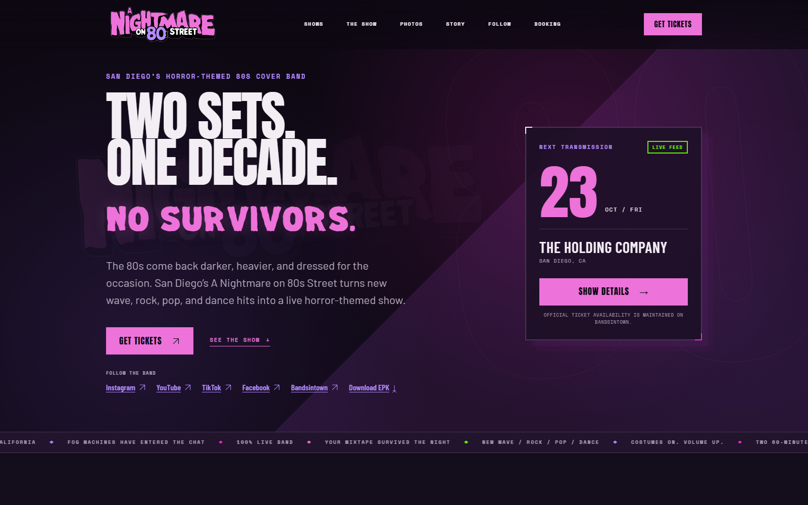 Current A Nightmare on 80s Street website: pink and violet logo and dark purple theme, desktop capture