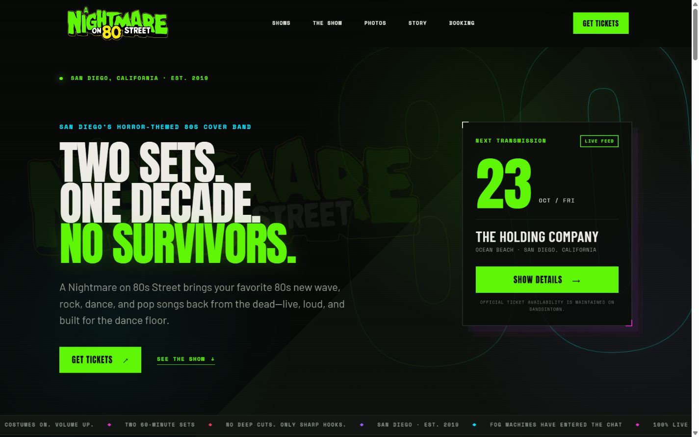 A Nightmare on 80s Street website shown on desktop and mobile