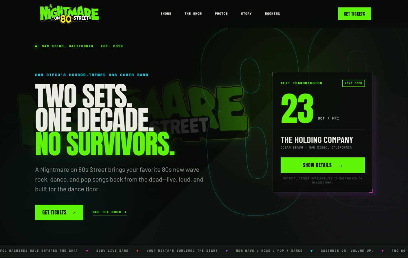 A Nightmare on 80s Street website shown on desktop and mobile