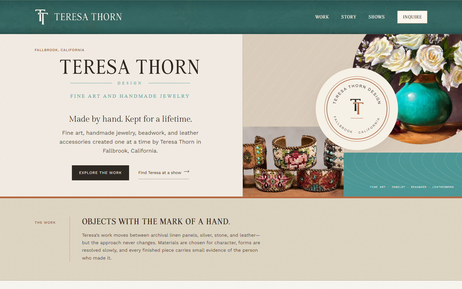Teresa Thorn Design website with its teal wordmark header, stone Inquire button, floral painting and beaded jewelry; desktop capture